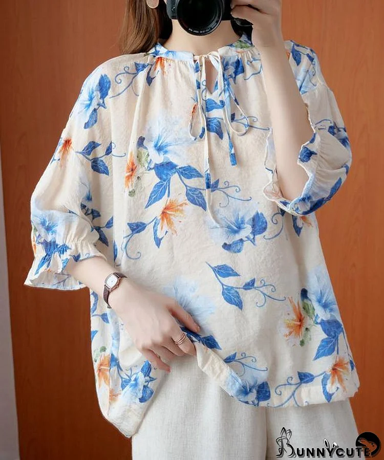 French blue print clothes o neck lantern sleeve Plus Size Clothing summer shirt