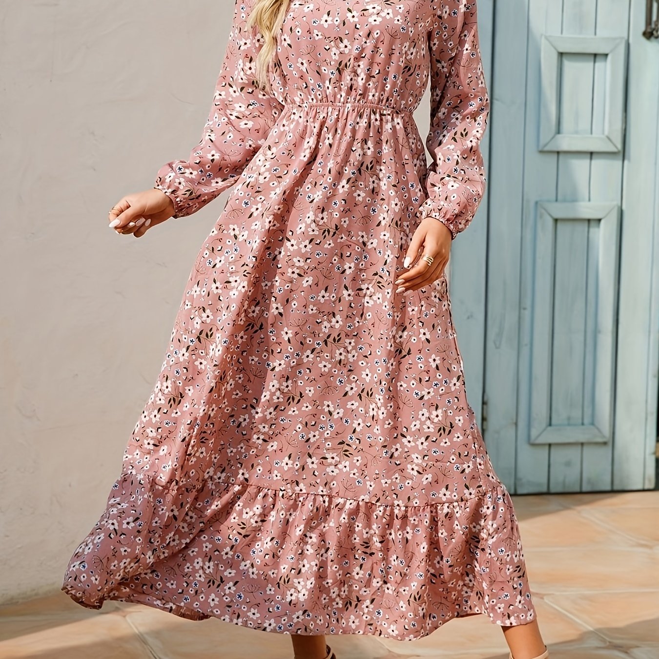 Floral Print Crew Neck Dress, Casual Long Sleeve Dress For Spring & Fall, Women's Clothing