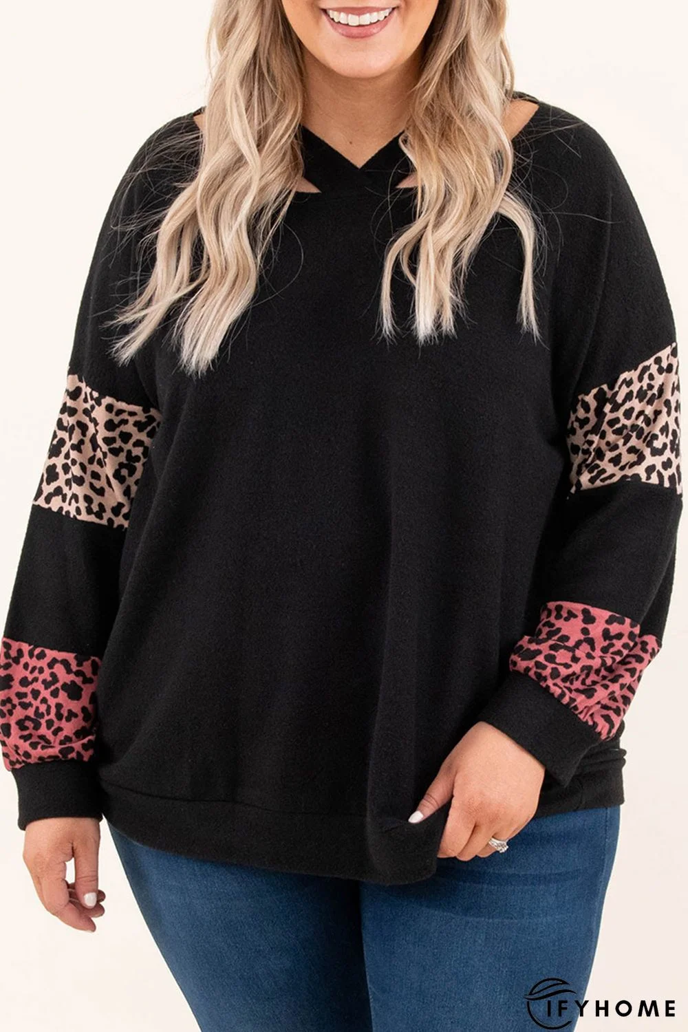 Black Plus Size Leopard Patchwork Strappy Neck Top | IFYHOME