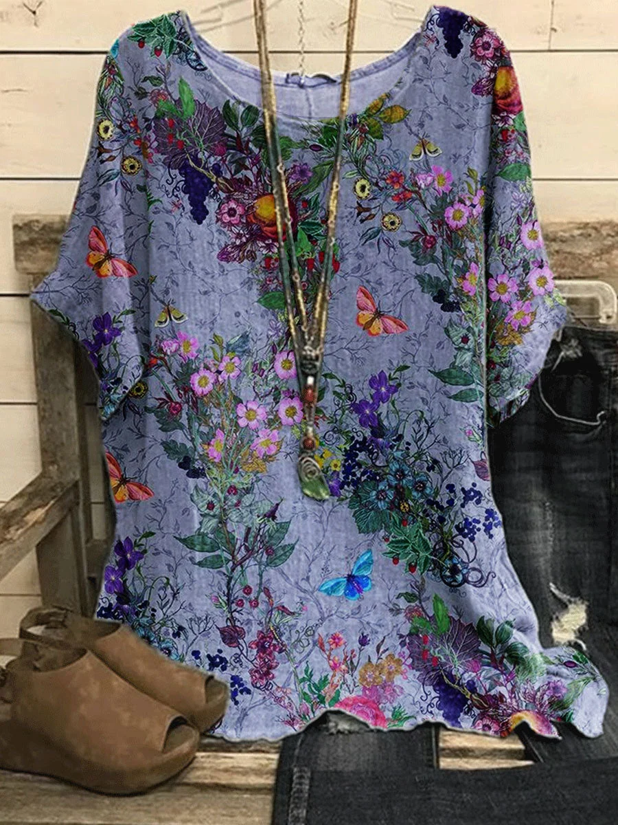 Round Neck Floral Print Casual Loose Long-sleeved Blouse