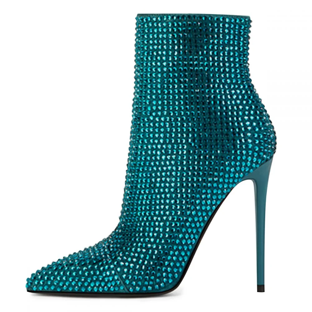 Turquoise Glitter Pointy Toe High Heel Boots Nicepairs