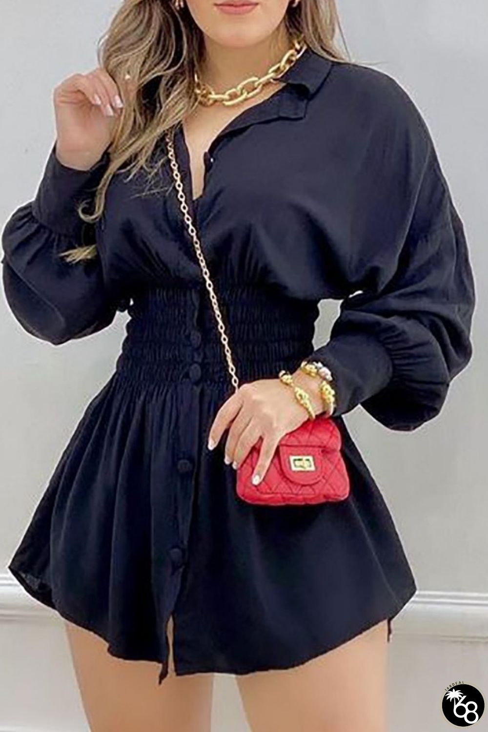 Deep Blue Casual Print Solid Patchwork Turndown Collar Long Sleeve Dresses | 168DEAL