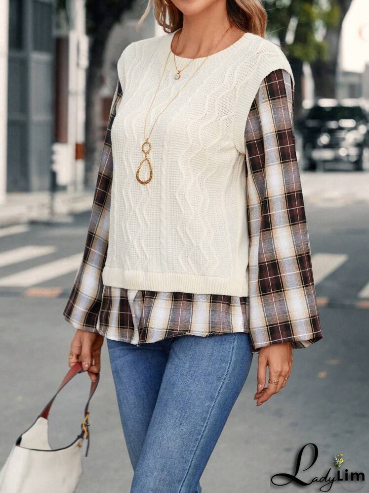 Plaid Panel Lantern Sleeve Round Neck Sweater