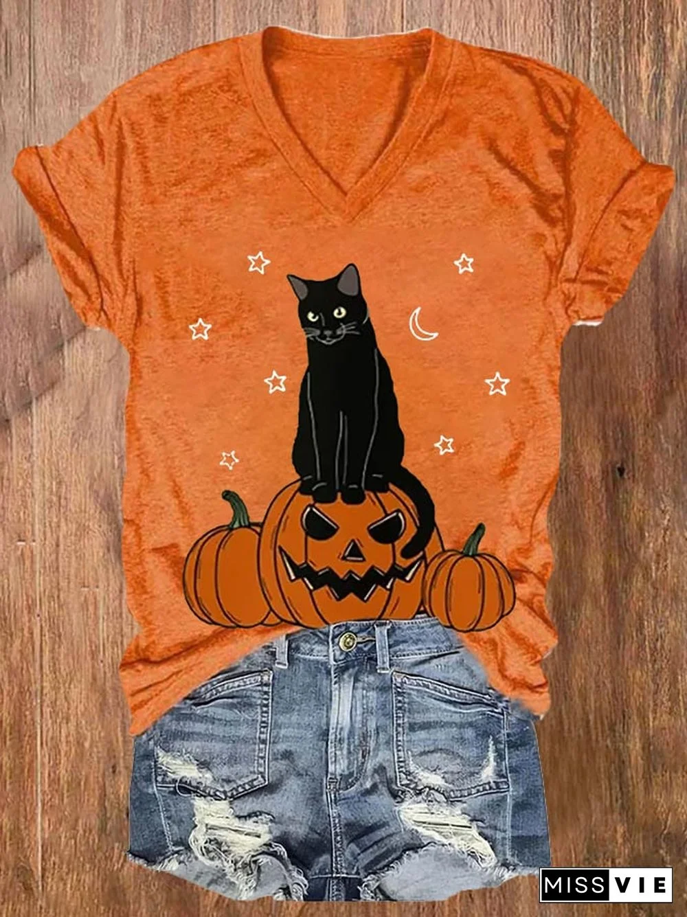 Women's Halloween Pumpkin And Cats Printe Casual T-Shirt