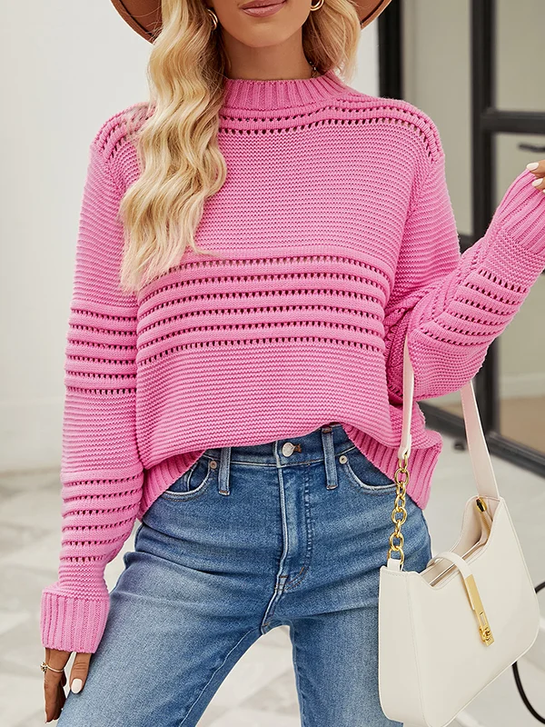 Solid Color Hollow Loose Long Sleeves Round-Neck Sweater Tops Pullovers Knitwear