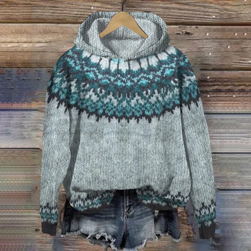 Vintage Fairman Island Print Long Sleeve Hooded Sweater
