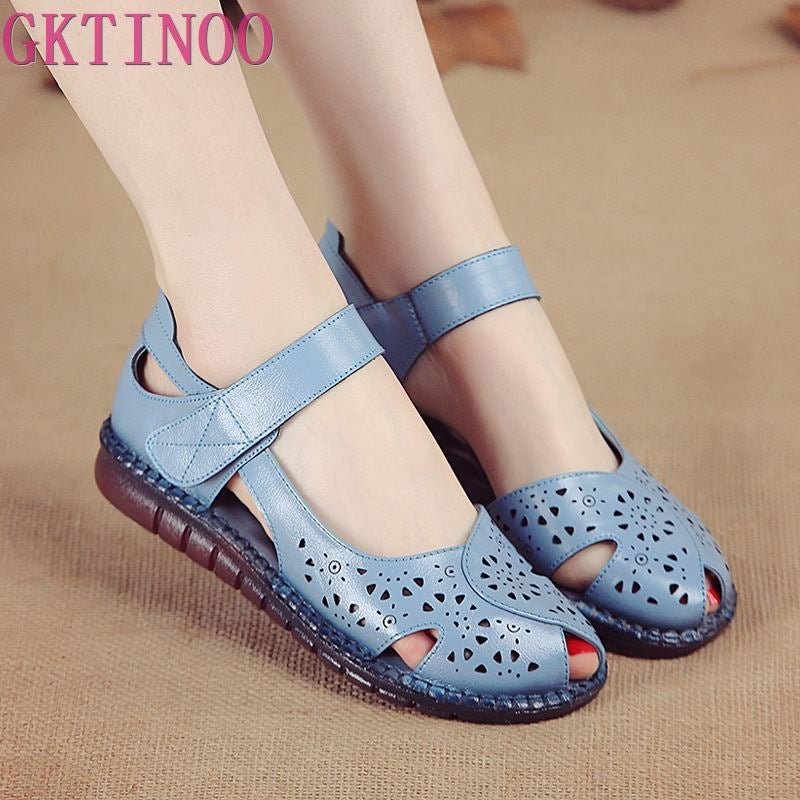 GKTINOO Summer New Handmade Women's Shoes National Style Genuine Leather Hollow Women's Sandals soft Flat with Sandals