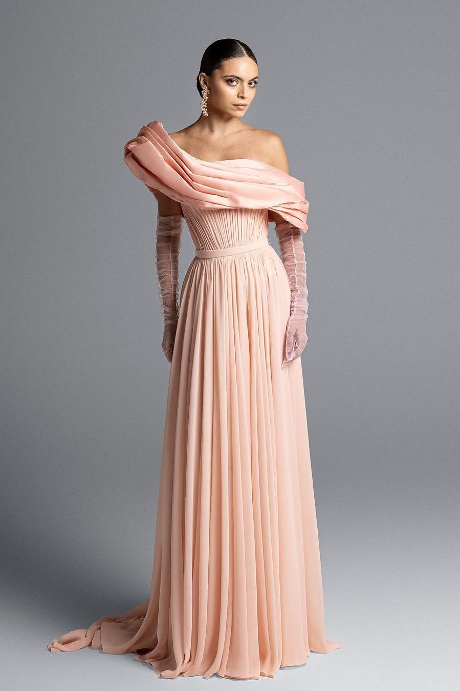 Shining Blush Pink Chiffon One Shoulder Long Sleeves Prom Dress with Belt | MS0198 
