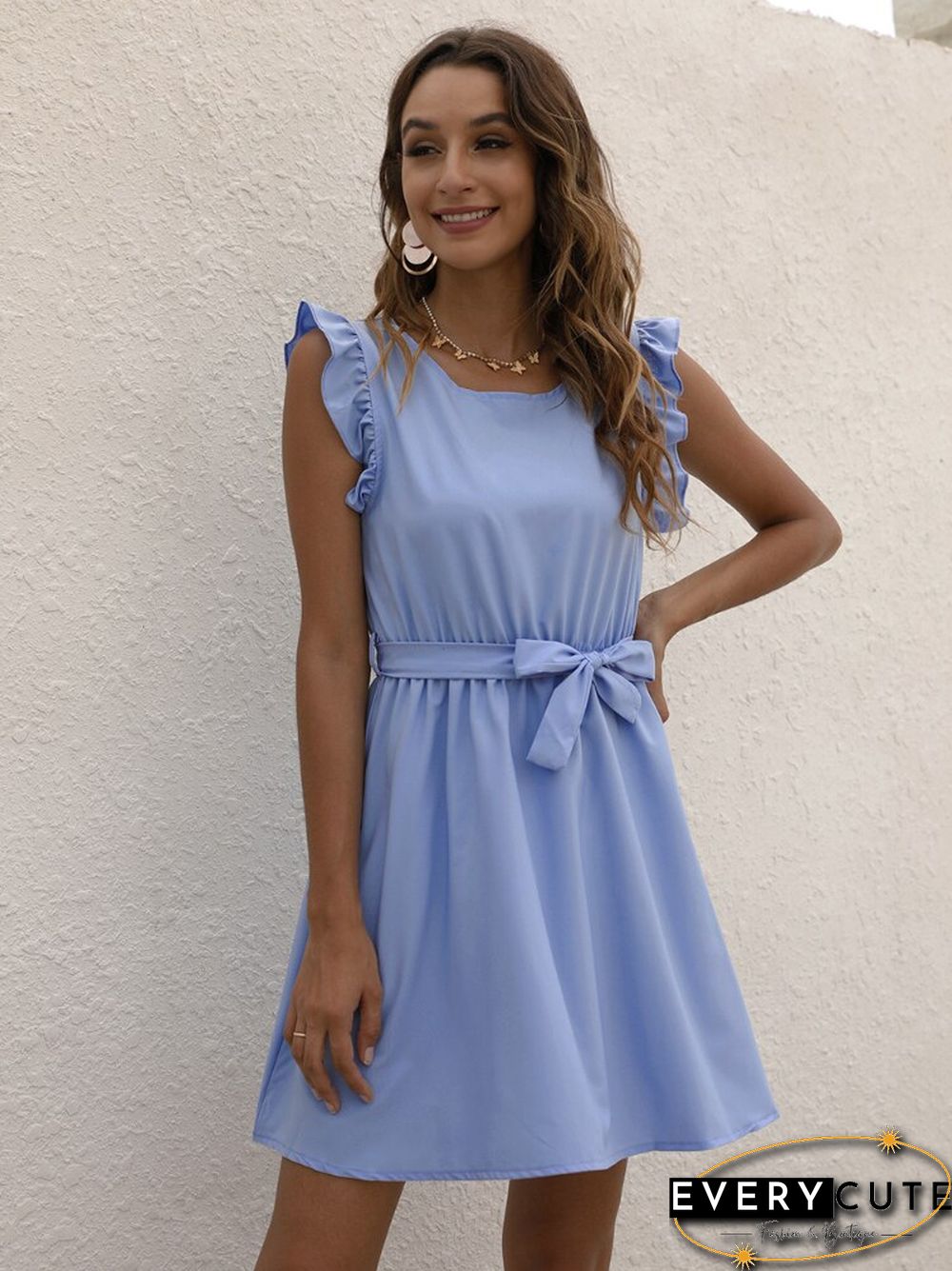 Summer Casual Dress Solid Color Round-neck Waist Ladies Skirt Temperament Commuter Office