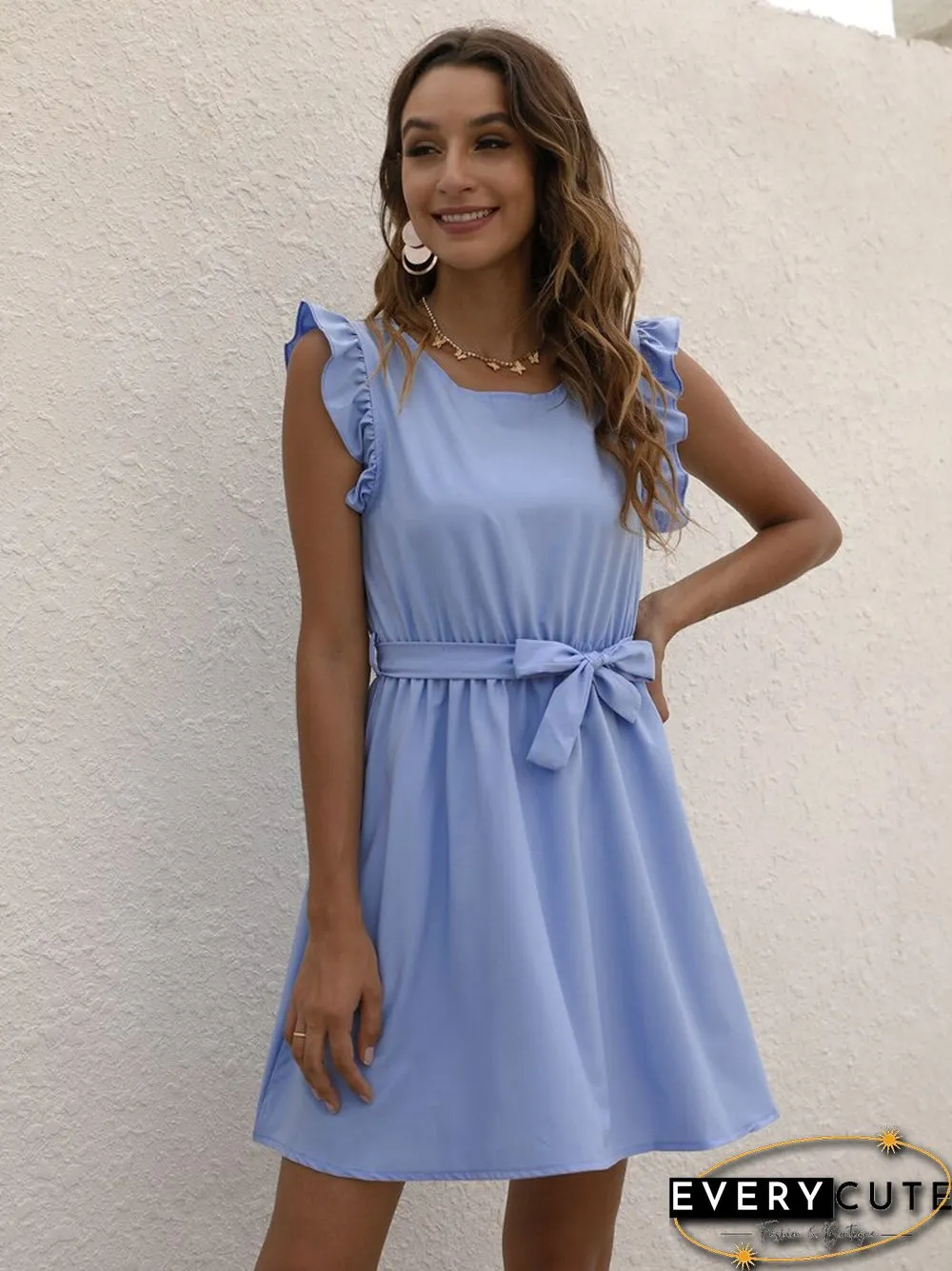 Summer Casual Dress Solid Color Round-neck Waist Ladies Skirt Temperament Commuter Office