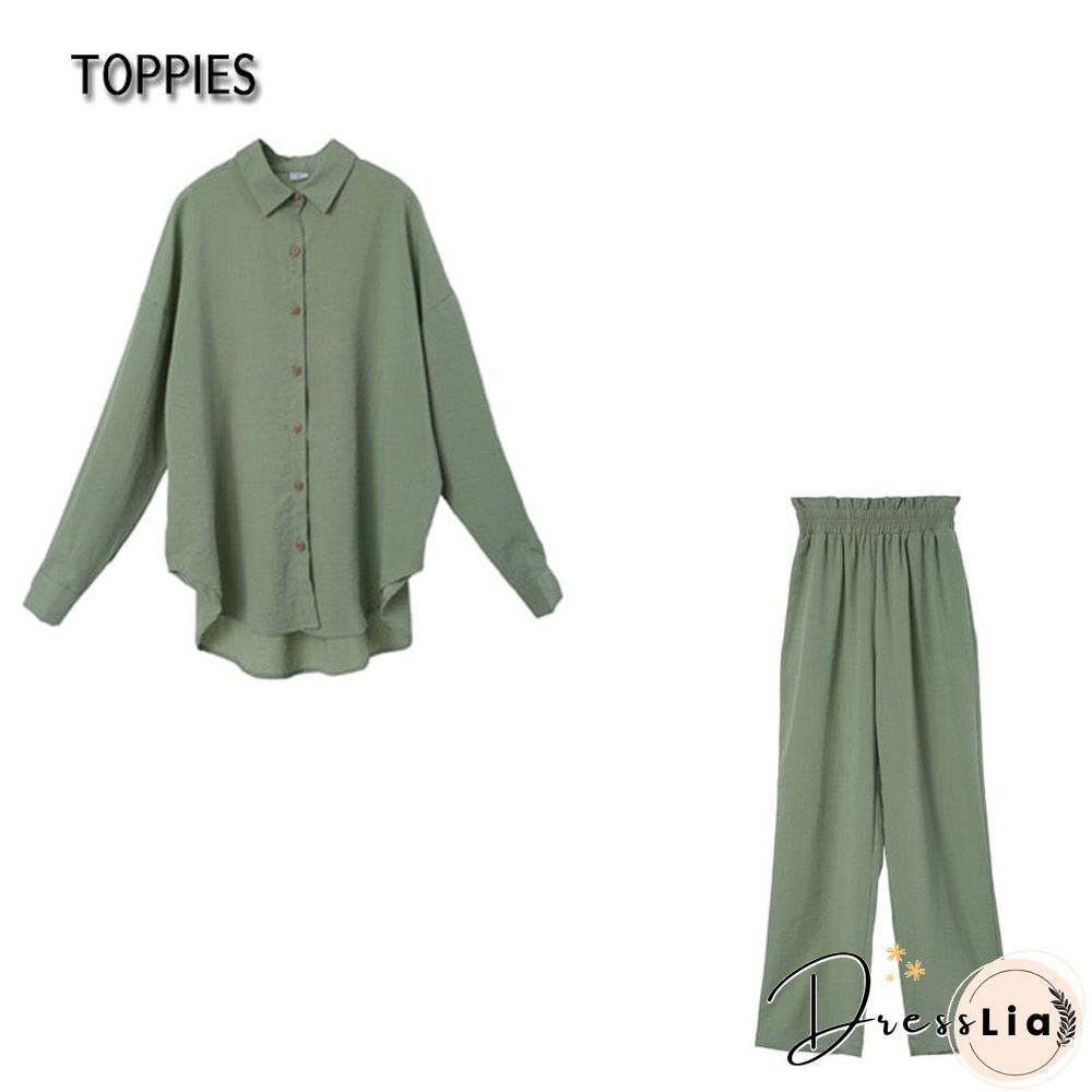 Toppies Women Two Piece Set Casual Shirt Office Lady Long Sleeve Blouse Chic Elastic Waist