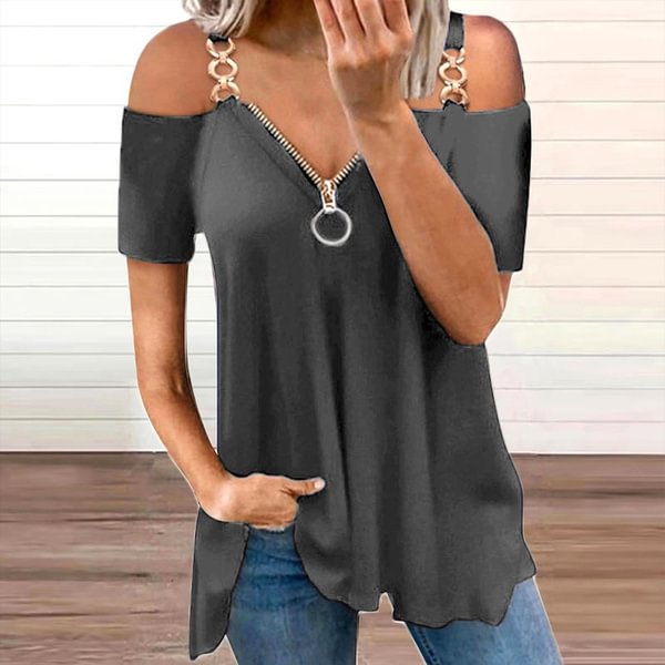 XS-8XL Spring Summer Tops Plus Size Fashion Clothes Women's Casual V-neck Blouses Off the Shoulder Tops Short Sleeve Tee Shirts Ladies Solld Color Loose T-shirt String Strap Tops Cotton T-shirt - Life is Beautiful for You - SheChoic