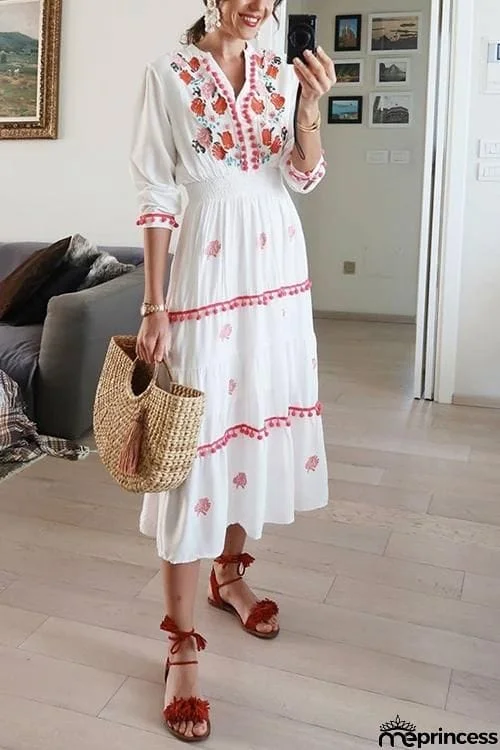 Embroidery Pom Pom Maxi Dress