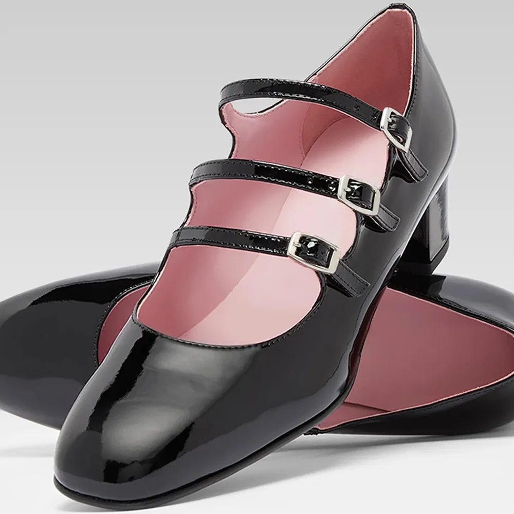 Patent Leather Low Block Heel Black Mary Jane Shoes for Women
