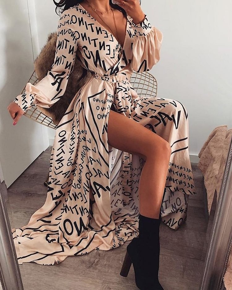 Letter Print V-Neck Thigh Slit Maxi Dress