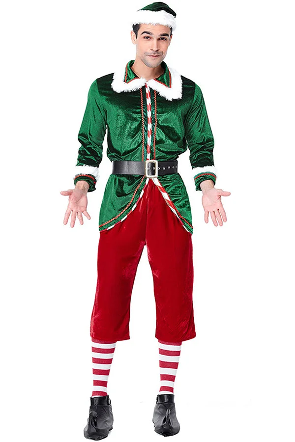 Fashion Plus Size Fur Mens Christmas Santa Helper Elf Costume Green-elleschic