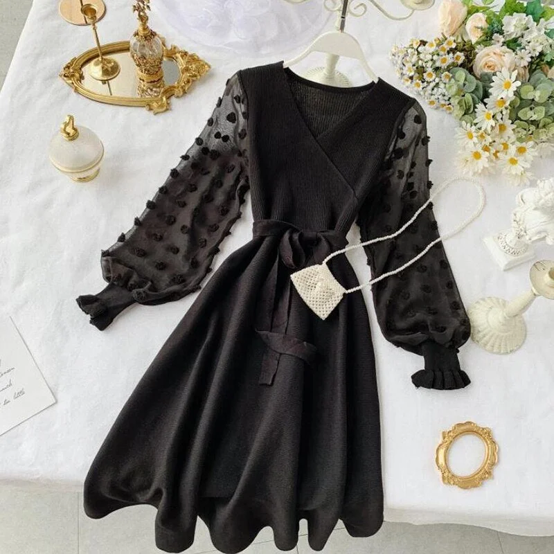Romantic Women Knitted Pink Party Dress 2020 Fall Winter V Neck Elegant Chiffon Long Sleeve Sashes Dress Ladies Dress