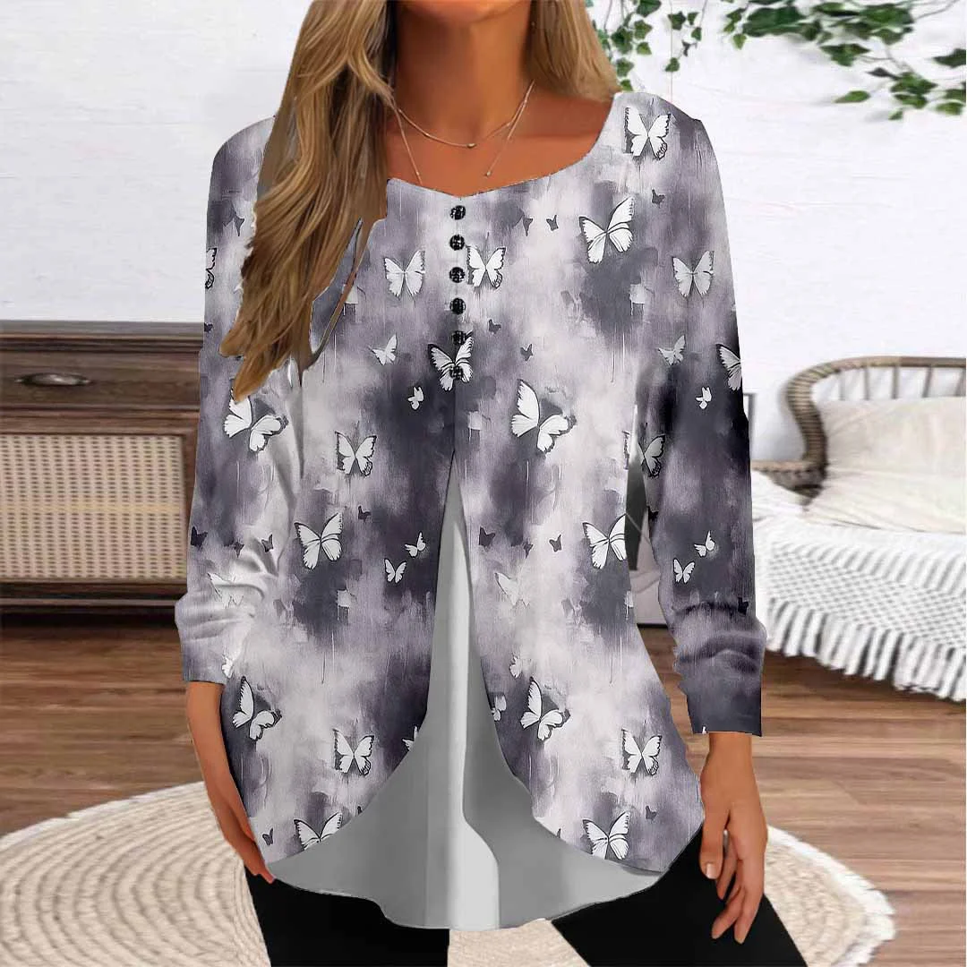 Women Graphic,Black DZGG8312 Long Sleeve Scoop Neck Printed Graphic Button Fake 2in1 Tops