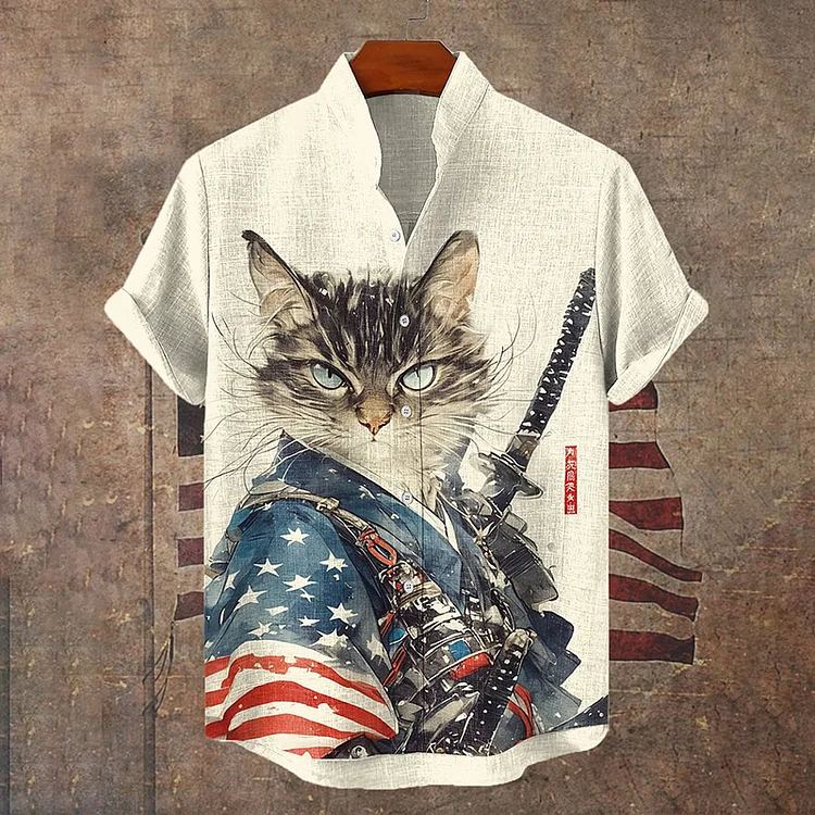 Japanese Art Cool American Flag Cat Warrior Ink Art Short Sleeve Linen Blend Shirt