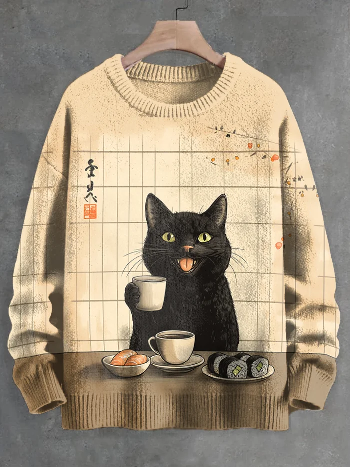 Men's Black Cat Cafe And Sushi Japan Print Knit Sweatshirt