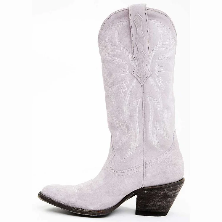 Light Purple Round Toe Embroidered Mid-Calf Western Cowgirl Boots |FSJ Shoes