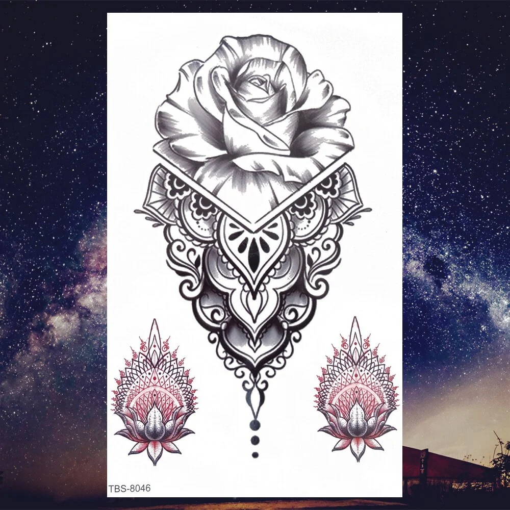 Sdrawing Henna Fake Temporary Tattoos For Men Women Black Creative Wolf Tattoo Sticker Geometric Tribe Owl Skeleton Tatoos Body Arms