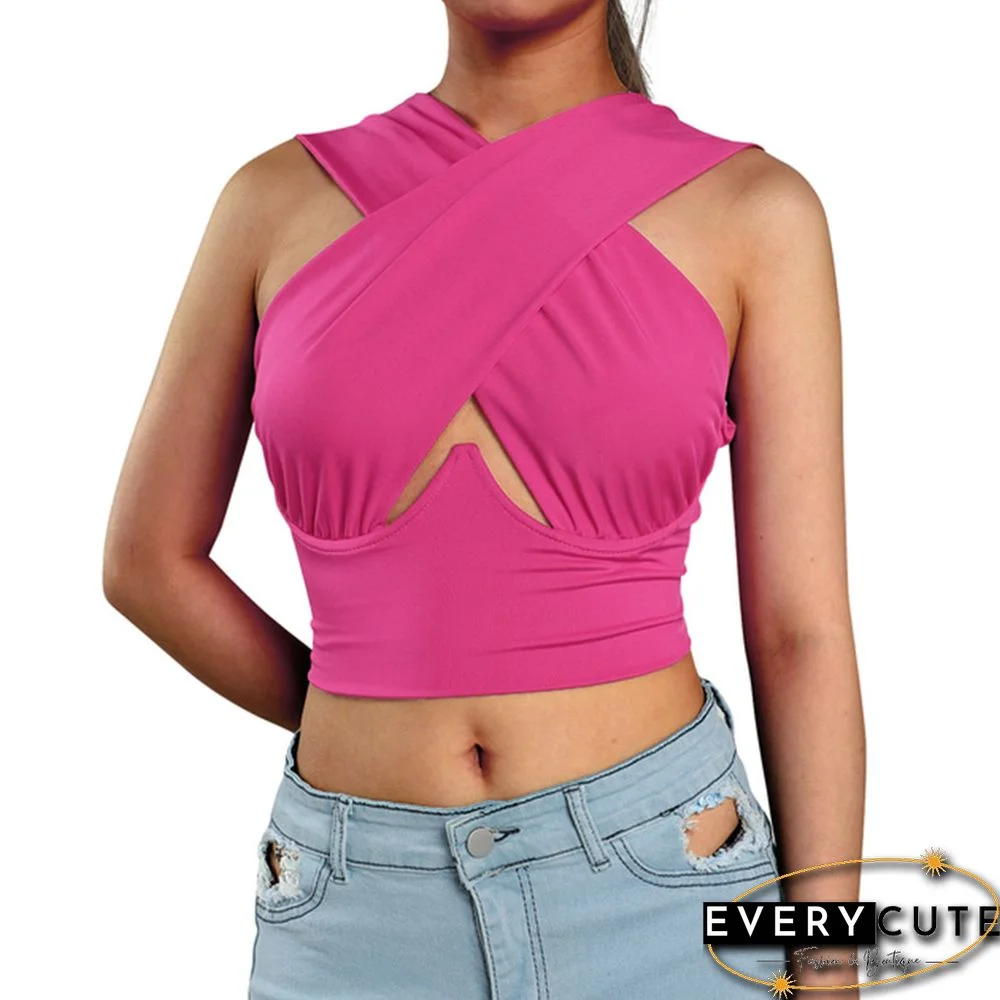 Women's Criss Cross Tank Tops Sexy Sleeveless Solid Color Cutout Front Crop Tops Party Club Streetwear Summer Lady Bustier Tops