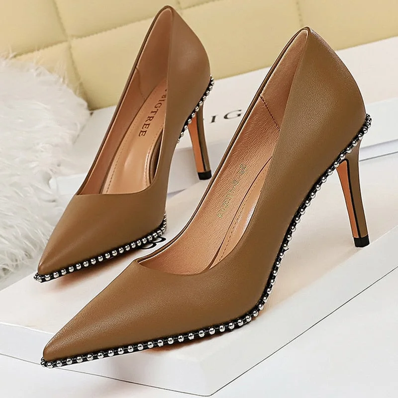 BIGTREE Shoes Black Heels Metal Beads Woman Pumps Suede High Heels Stiletto Wedding Shoes Women Heels Female Plus Size 41 42 43