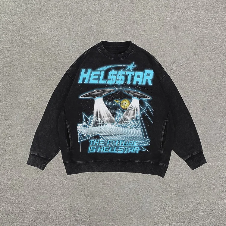 Sopula Street Fashion Hellstar Washed Crew Neck Pocket Sports Long Sleeve Sweatshirt