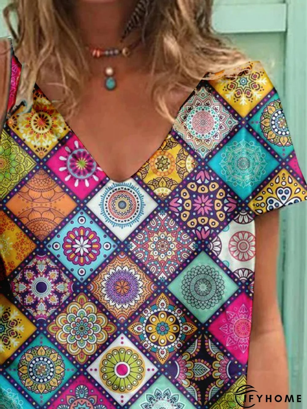 Paisley Short Sleeve Printed Cotton-blend V neck Casual Summer Multicolor Top | IFYHOME