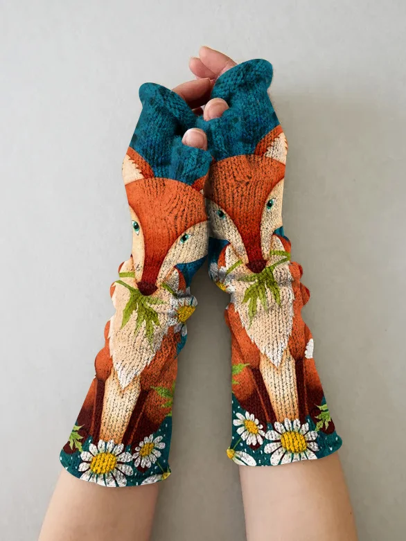 Fox print vintage knit fingerless gloves