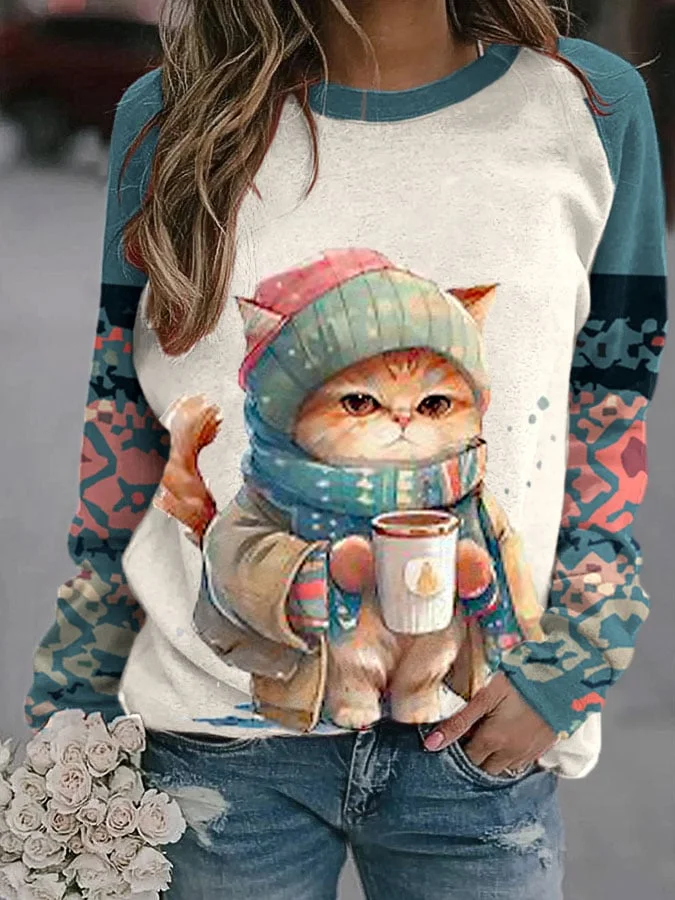 Women's Winter Funny Cute Wonderland Clothing Clipart Cat Coffee Plaid Print Sweatshirt