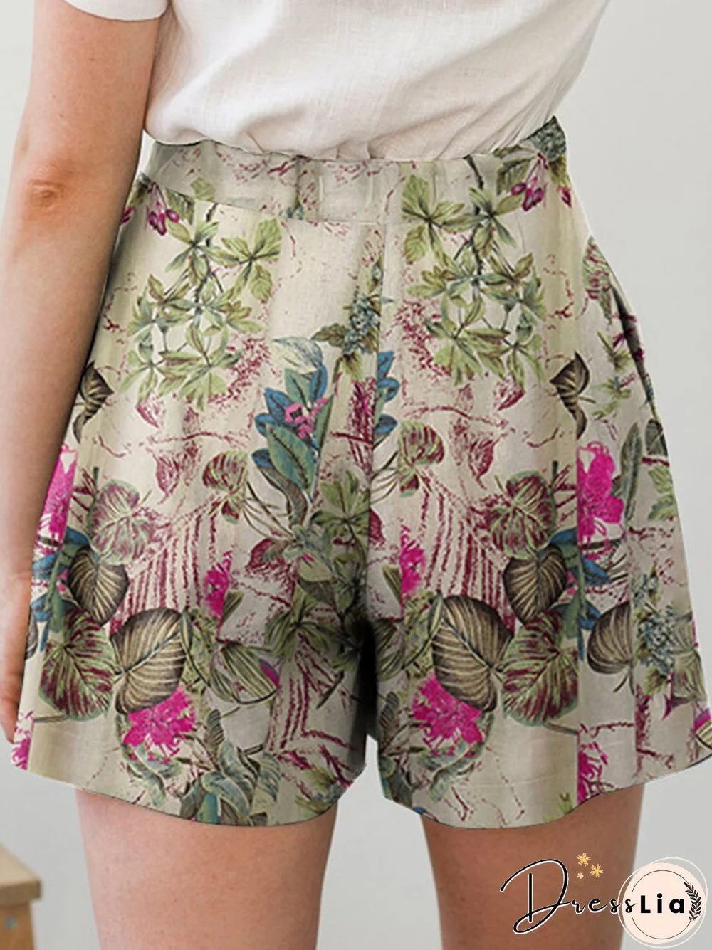 Plant Print Pocket Ruched Casual Shorts
