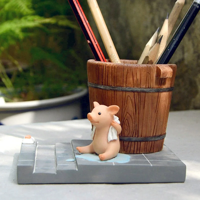 Cute Piggy Phone Stand Penholder Mobile Phone Holder for iPhone iPad Resin Pig Figurine Phone Accessories for Home Decoration