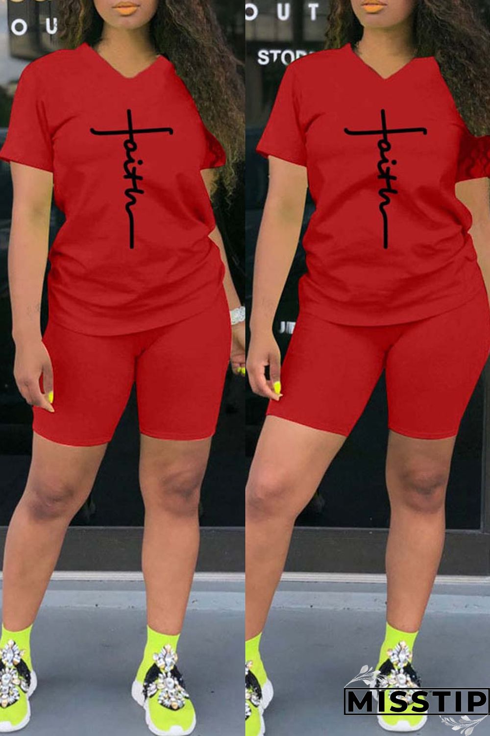 Black Casual Print Basic V Neck Short Sleeve Two Pieces