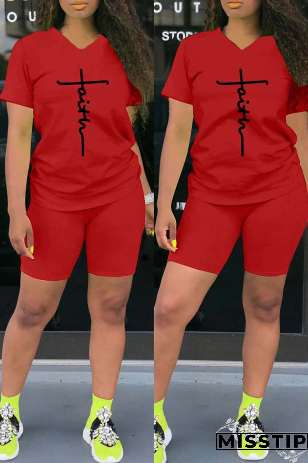 Black Casual Print Basic V Neck Short Sleeve Two Pieces