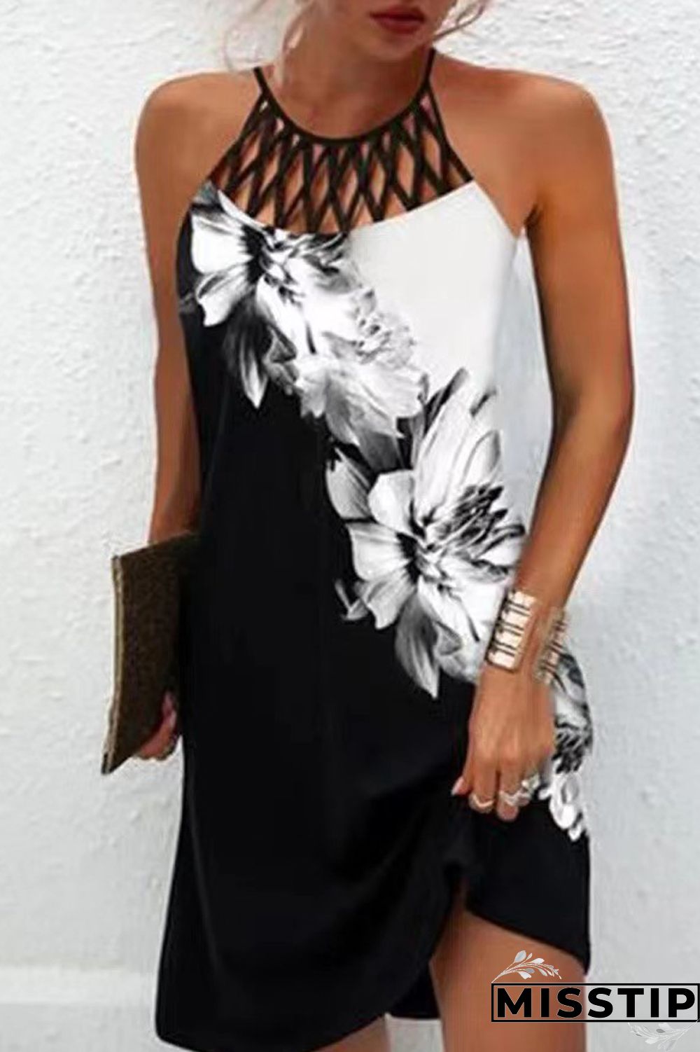 Blue Pink Casual Print Hollowed Out O Neck Sleeveless Dress Dresses
