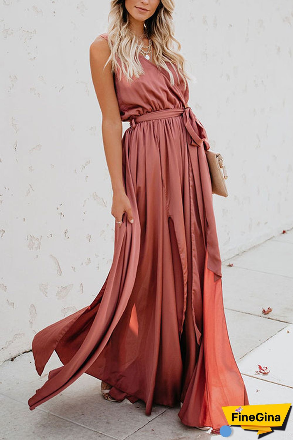 V Neck Sleeveless Slit Wrap Maxi Dress