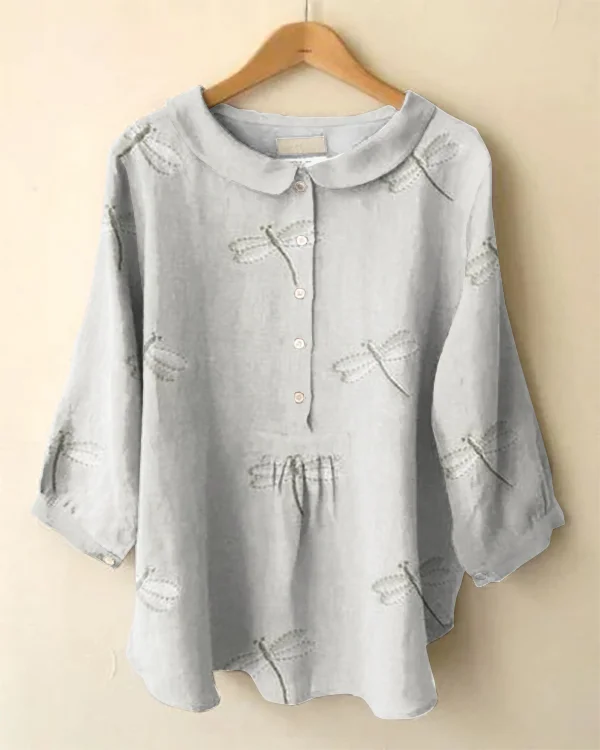 Vintage Long Sleeve Cute Peter Pan Collar Dragonfly Print Shirt