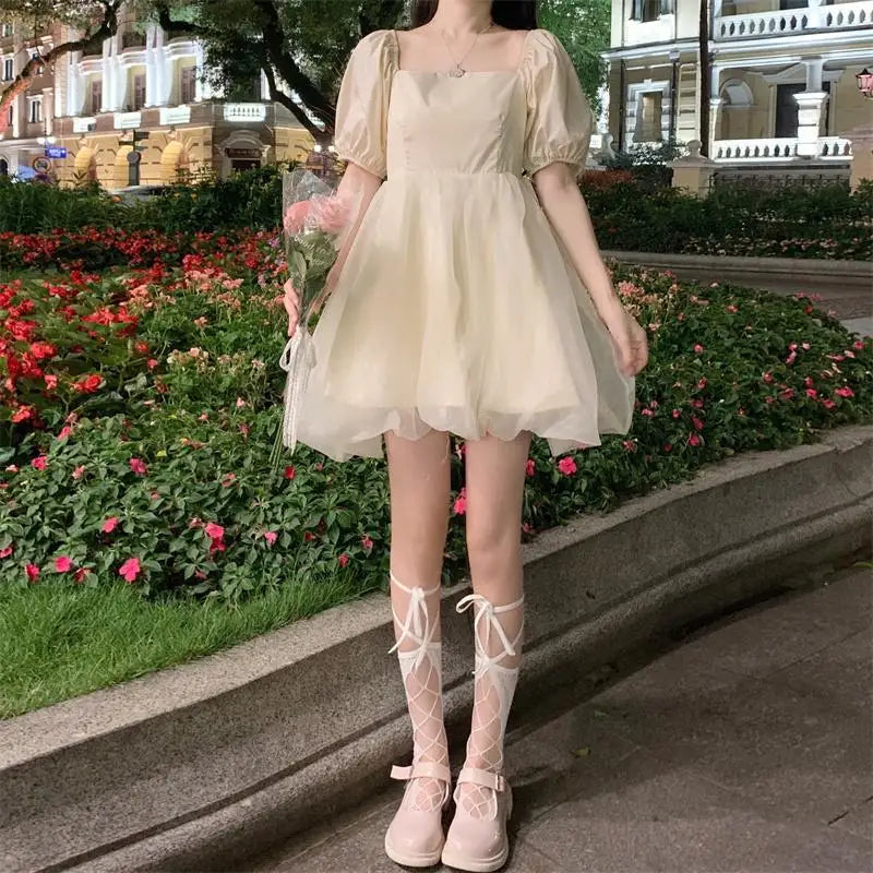 Aiertu Japanese Sweet Gothic Dress Women Black Sexy Backless Party Mini Dress French Patchwork Puff Sleeve Kawaii Fairy Princess Dress Aiertu
