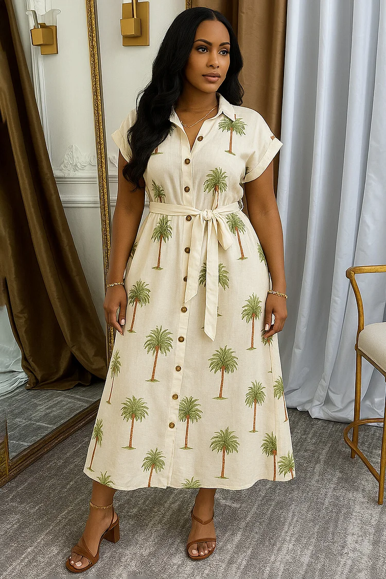 Palm Tree Print Short Sleeve Button Up Daily Maxi Dresses-Beige [Pre Order]