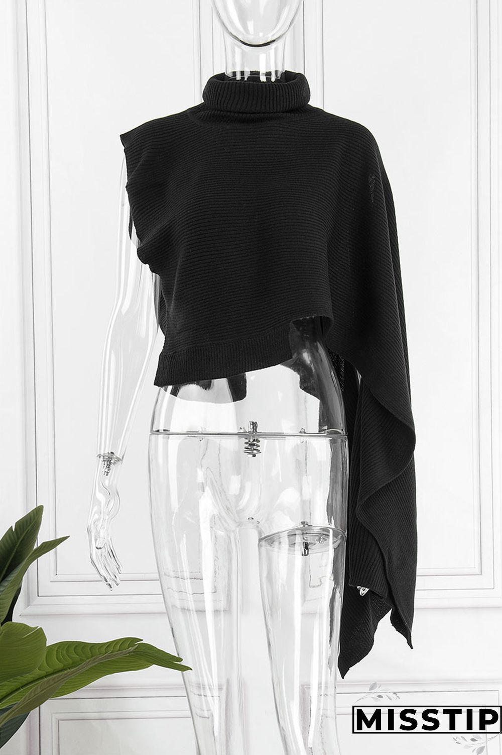 Red Street Solid Patchwork Slit Asymmetrical Turtleneck Tops