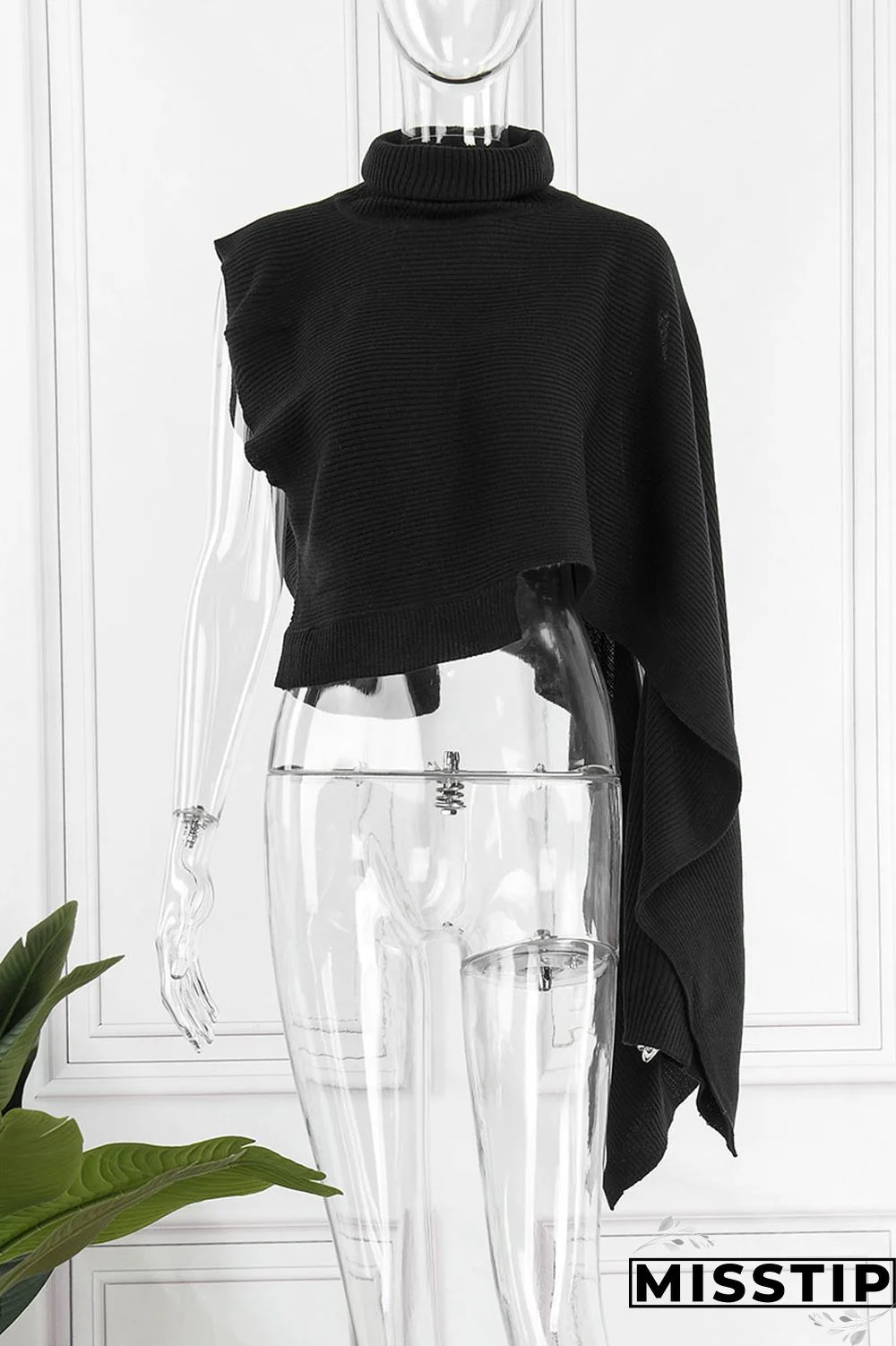 Red Street Solid Patchwork Slit Asymmetrical Turtleneck Tops