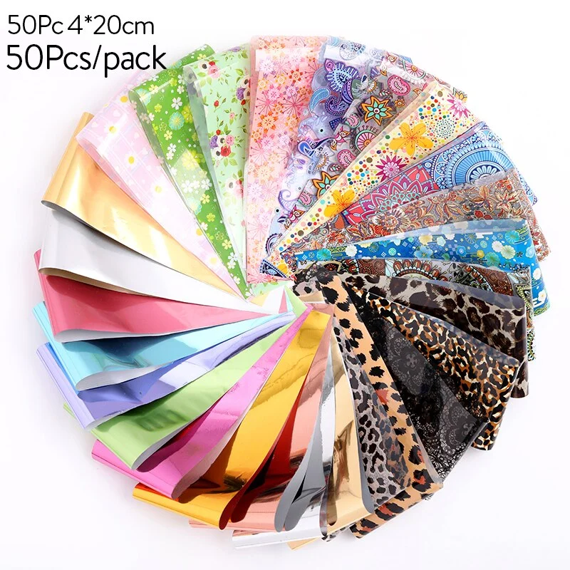Churchf 50/24/10 Pcs iridescent Nail Foils Random Style Leopard Lace  Nail Art Transfer Stickers Slider Paper Sparkly Sky Nail Decals