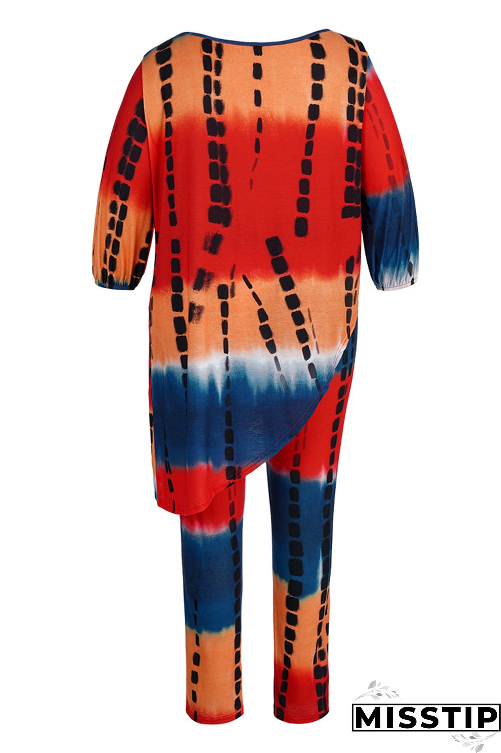 Orange Fashion Casual Tie Dye Asymmetrical O Neck Plus Size Two Pieces