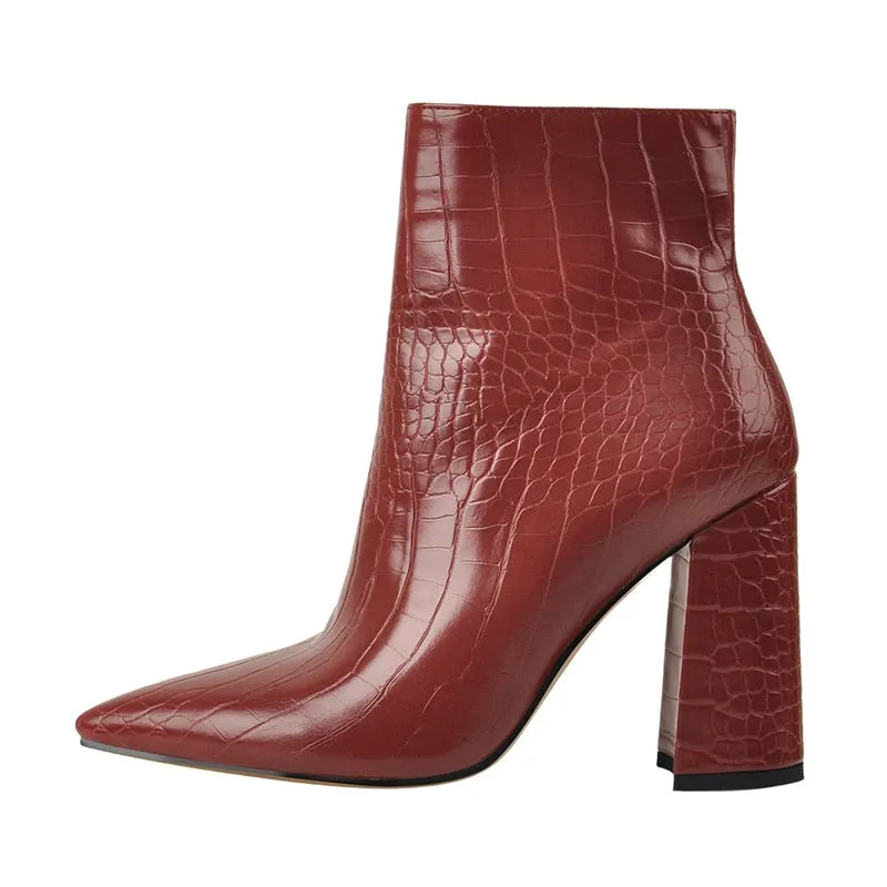 Onlymaker Women Ankle Boots Pointed Toe 10CM High Heels Thick Soft Autumn Winter Pattern Chunky Zipper Booties Big Size