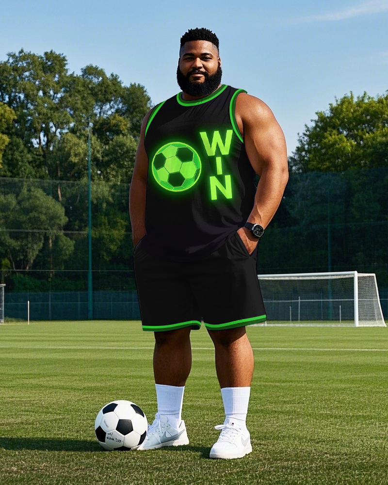 Big Men's Simple Football WIN Printed Casual Round Neck Basketball Vest and Shorts Set