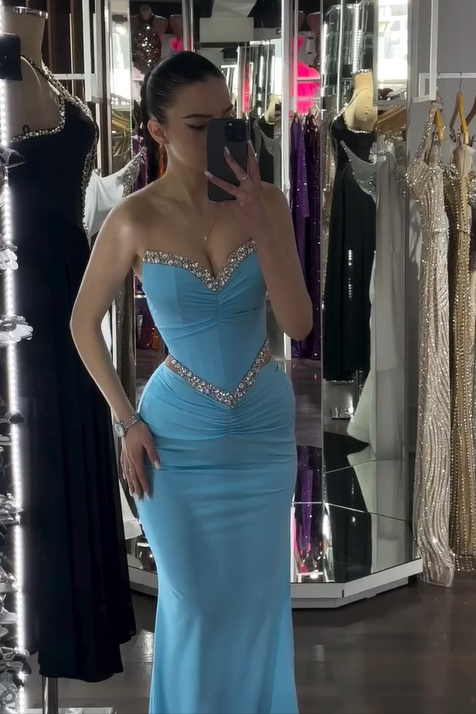 Stunning Strapless Sleeveless Long Prom Dress With Pleated Sequin HL0007