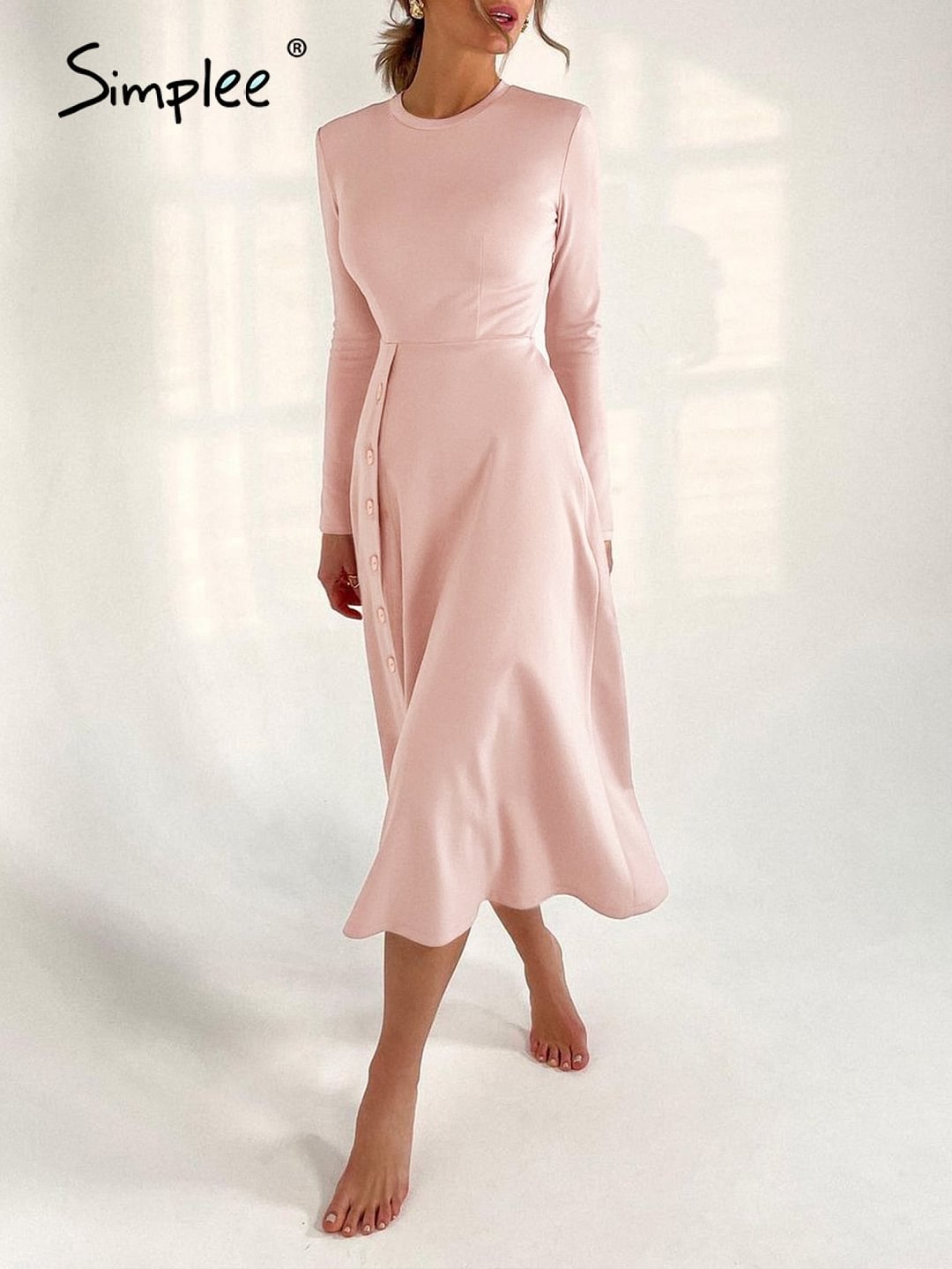 Simplee Elegant buttons keyhole long sleeve women dress pink Office lady slim o-neck vestido midi A-line solid female dress 2021