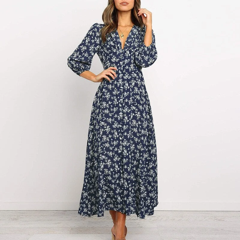 Women Summer Elegant Floral Print Maxi Dress 2022 Boho Three Quarter Sleeve V Neck Casual Office Long Dress Beach Robe Tunic